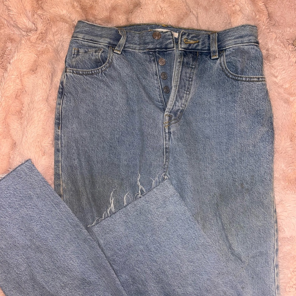 PacSun Blue Straight Leg Jeans with High Waist and Raw Hem